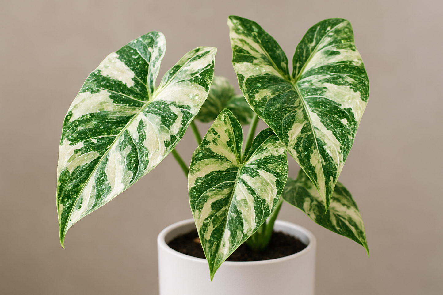 créer moi une photo d'une alocasia batik variegata avec plus de blanc et de l'eau sur les feuilles